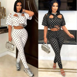 Women Spring Summer Print Round Neck Ripped Pin Short Sleeve T-Shirt Two-Piece Set