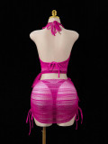 Women Gradient Color Halter Neck Knitting Hollow Out Lace-Up Bikini Swimwear Two-Piece Set