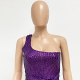 Women Ruched Ribbon Sequin One Shoulder Holidays Bodycon Dress