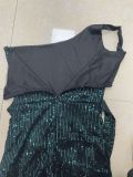 Women Ruched Ribbon Sequin One Shoulder Holidays Bodycon Dress