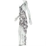 Women Print Gray White V Neck Bodycon Dress