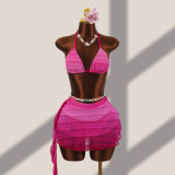 Women Gradient Mesh Beach Short Skirt Sexy Three-Piece Set