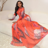 Women Spring Autumn Print Round Neck Long Sleeve Dress