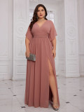 Plus Size Women's Chic V-neck Evening Dress Slit Elegant Long Gown