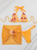 Women Sunflower Color Bikini Floral Beach Holidays Swimwear Three-Piece Set