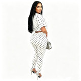 Women Spring Summer Print Round Neck Ripped Pin Short Sleeve T-Shirt Two-Piece Set