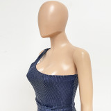 Women Ruched Ribbon Sequin One Shoulder Holidays Bodycon Dress