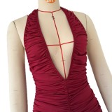 Women V Neck Halter Neck Backless Sexy Ruched Dress