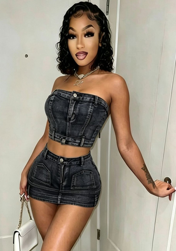 Women Denim Stretchy Strapless Top and Skirt Two-Piece Set