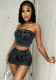Women Denim Stretchy Strapless Top and Skirt Two-Piece Set