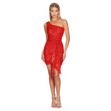 Women Ruched Ribbon Sequin One Shoulder Holidays Bodycon Dress