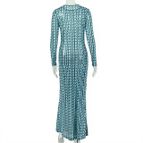 Women Round Neck Long Sleeve Patchwork Bodycon Dress