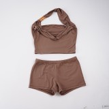 Women Brown Backless Cowl Neck Beaded Halter Neck Top and Bodycon Shorts Two-Piece Set