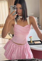 Women Pink Striped Turndown Collar Camisole Top and Summer Bud Skirt Two-Piece Set