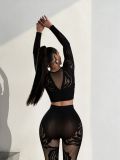 Women Sexy Rose Fishnet Stretchy See-Through Long Sleeve Top and Pants Two-Piece Set