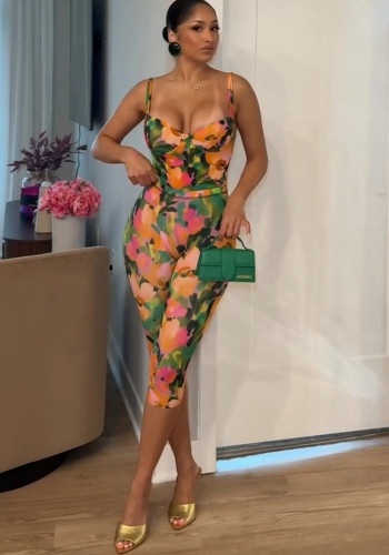 Women Floral Print Backless Tank Top Capri Long Pants Two-Piece Set