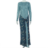 Women Round Neck Long Sleeve Patchwork Bodycon Dress