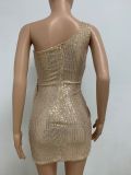 Women Ruched Ribbon Sequin One Shoulder Holidays Bodycon Dress