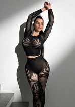 Women Sexy Rose Fishnet Stretchy See-Through Long Sleeve Top and Pants Two-Piece Set Women Sexy Rose Fishnet Stretchy See-Through Long Sleeve Top and Pants Two-Piece Set