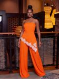Women Elegant Lace Asymmetric Collar Top and Long Pants Two-Piece Set