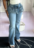 Women Casual Tassel Pocket Washed Denim Long Pants