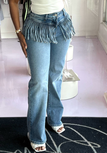 Women Casual Tassel Pocket Washed Denim Long Pants
