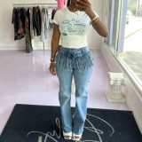 Women Casual Tassel Pocket Washed Denim Long Pants