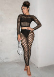 Women Hollow Out Mesh Long Sleeve Top and Pants Two-Piece Set