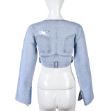 Autumn Women's Open Waist Slit Long Sleeve Denim Jacket
