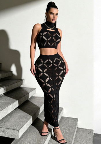 Women Hollow Out Top and Skirt Two-Piece Set