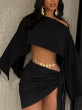 Women Elegant Holidays Slash Shoulder Top and Lace-Up Skirt Two-Piece Set