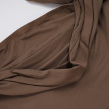 Women Brown Backless Cowl Neck Beaded Halter Neck Top and Bodycon Shorts Two-Piece Set