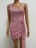 Women Ruched Ribbon Sequin One Shoulder Holidays Bodycon Dress
