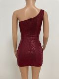 Women Ruched Ribbon Sequin One Shoulder Holidays Bodycon Dress