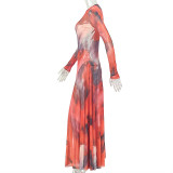 Women Spring Autumn Print Round Neck Long Sleeve Dress