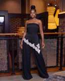 Women Elegant Lace Asymmetric Collar Top and Long Pants Two-Piece Set