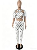 Women Spring Summer Print Round Neck Ripped Pin Short Sleeve T-Shirt Two-Piece Set