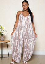 Women Plus Size Taupe Patterned Printed Strap Jumpsuit Autumn Low Back Slim Fit Loose Wide-Leg Romper