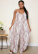 Women Plus Size Taupe Patterned Printed Strap Jumpsuit Autumn Low Back Slim Fit Loose Wide-Leg Romper