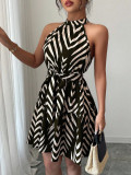 Women Summer Fashion Chic Halter Neck Sleeveless Stand Collar Wavy Striped Printed Mini Dress