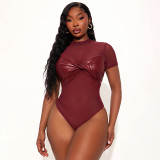 Women Sexy Short Sleeve Knot Mesh Patchwork Round Neck Bodysuit