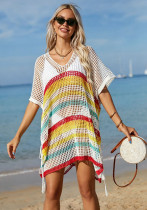 Women Summer Hollow Knit Long Sleeve Sunscreen Beach Cover-Up Top