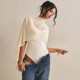 Women Summer High Neck Ruched Mesh Asymmetrical T-Shirt Sleeveless Bodysuit Top