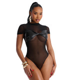 Women Sexy Short Sleeve Knot Mesh Patchwork Round Neck Bodysuit