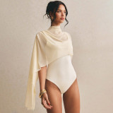 Women Summer High Neck Ruched Mesh Asymmetrical T-Shirt Sleeveless Bodysuit Top