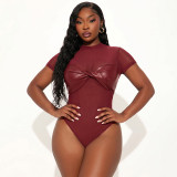 Women Sexy Short Sleeve Knot Mesh Patchwork Round Neck Bodysuit