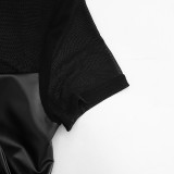 Women Sexy Short Sleeve Knot Mesh Patchwork Round Neck Bodysuit
