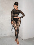 Women Hollow Out Mesh Long Sleeve Top and Pants Two-Piece Set