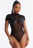 Women Sexy Short Sleeve Knot Mesh Patchwork Round Neck Bodysuit