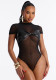 Women Sexy Short Sleeve Knot Mesh Patchwork Round Neck Bodysuit